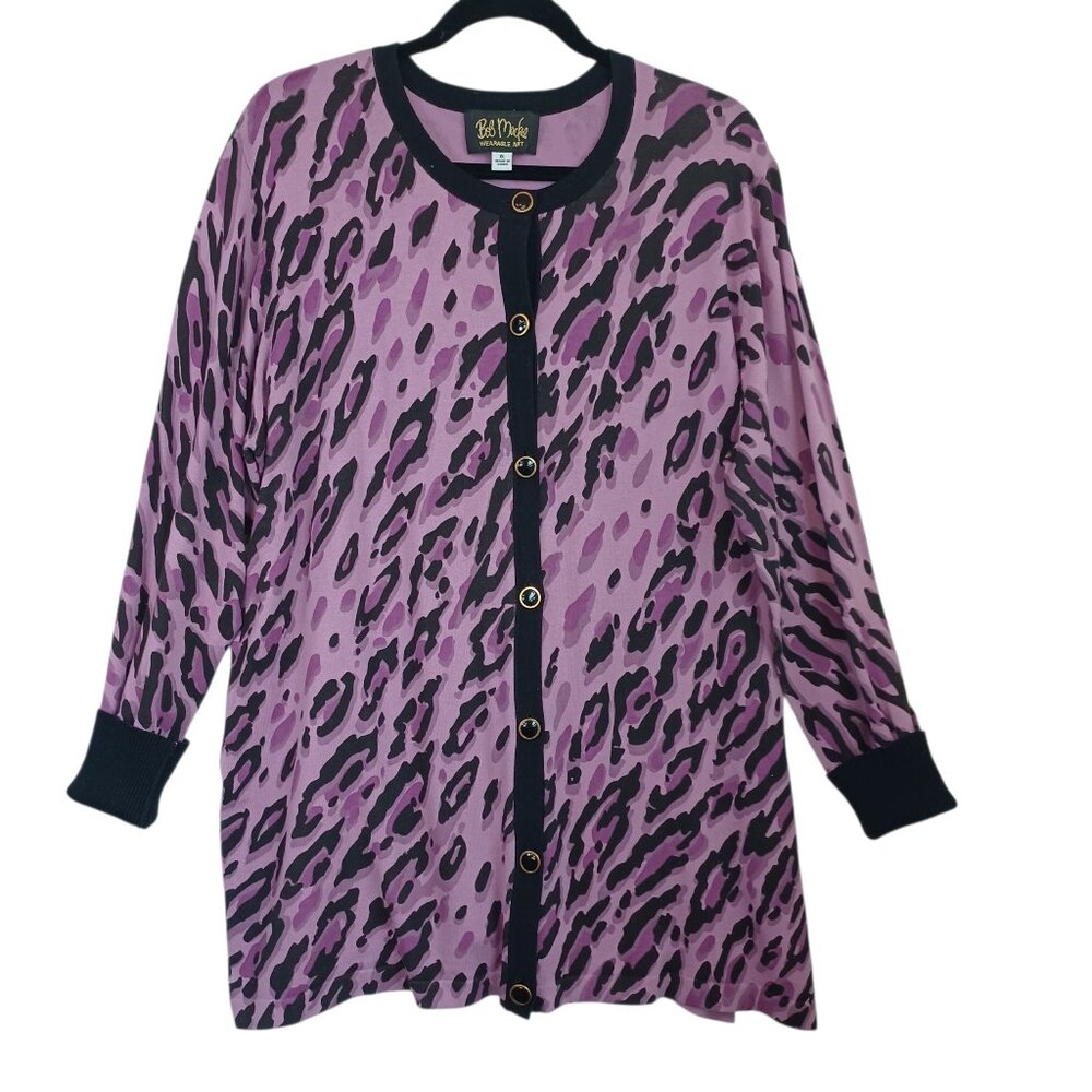 Bob Mackie Cardigan Sweater Purple Black Button Front Animal Print Womens XL